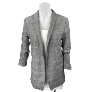 H&M Gray Plaid Long Sleeve Shaw Collar Pocket Open Blazer Coat Jacket Size 2
